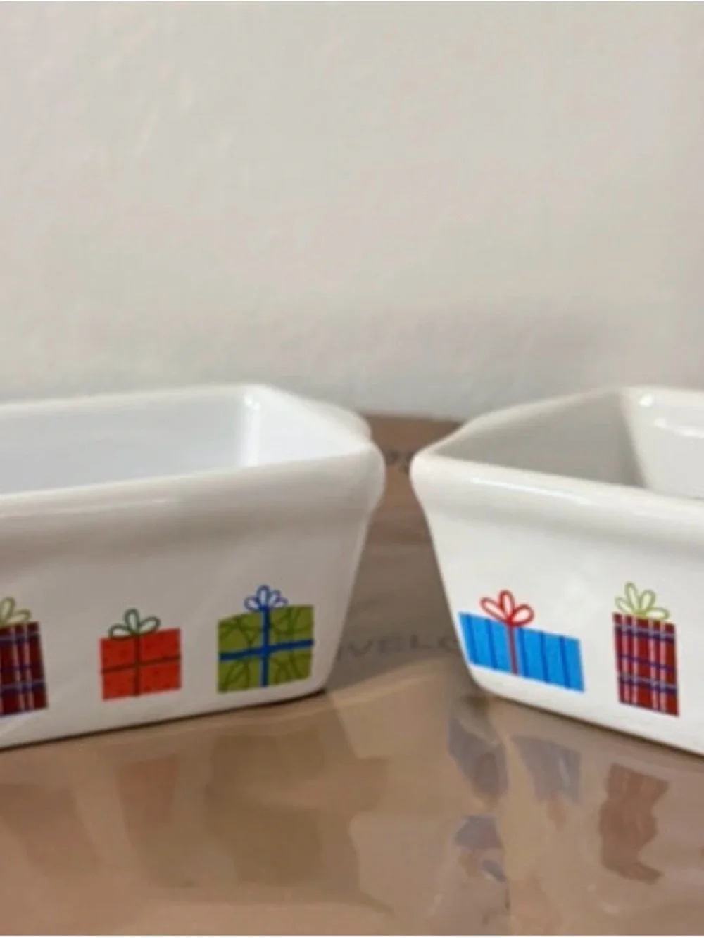 Source Unknown White Ceramic Baking Dishes with Colorful Gift Motif